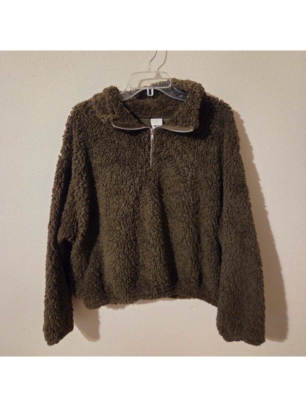 H&M olive green quarter-zip high-pile teddy sherpa fleece pullover